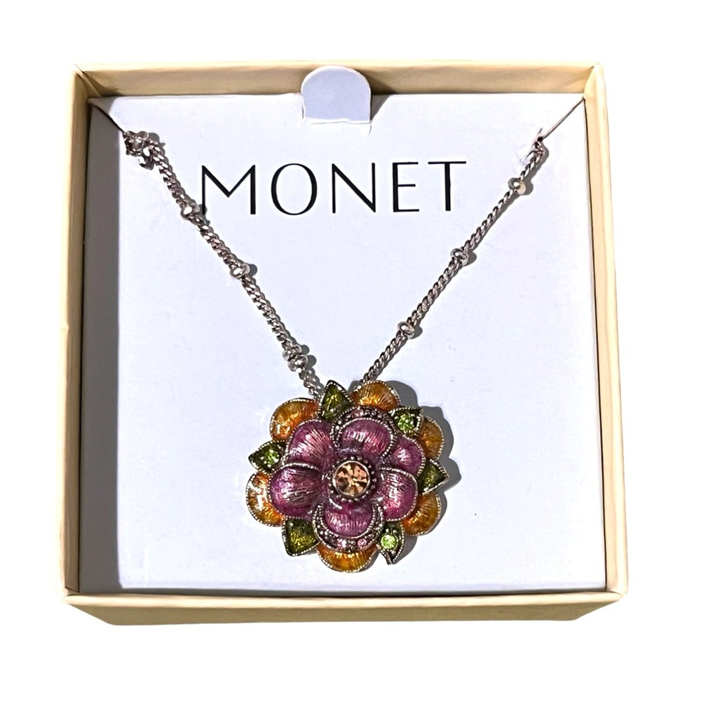 Vintage Monet Enamel Flower Necklace in Box 18”